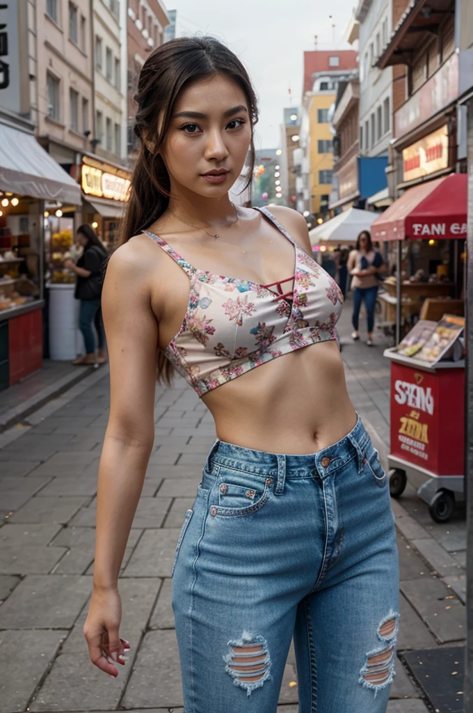 [((Sophie Tan:1.3)), a young and attractive Asian woman, standing in a bustling Southeast Asian street market. She is wearing ((a chic mini skirt that has blown up, exposing her buttocks, paired with a tight crop top:1.3)). Her hair is styled in loose, tousled waves, and she has a seductive, playful smile on her face. The background is vibrant with colorful market stalls, local vendors, and busy street activity. Captured in a candid moment, the camera is positioned at a low angle to emphasize her pose and the mini skirt exposure. The image is shot with a ((full-frame DSLR:1.2)) using a ((35mm prime lens:1.2)) for a natural perspective with a slight background blur to keep the focus on Sophie. Post-production enhancements include vibrant colors to highlight the market scene, high contrast and sharpness to accentuate Sophie’s outfit and features, and a ((soft bokeh effect:1.1)) in the background to create depth. The image should be in ((8K resolution:1.1)) with ((high detail:1.3)). The backdrop showcases the bustling street market with vivid colors, local vendors, and street activity, emphasizing the Southeast Asian setting. The focus is on Sophie’s blown-up mini skirt exposing her buttocks, capturing the playful and seductive nature of the scene. Natural daylight is used with slight enhancements to create a warm and inviting atmosphere, with a ((soft bokeh effect:1.1)) on the background, enhanced vibrancy, and high contrast to make the scene pop. Sophie is standing with one hand playfully holding down her mini skirt, looking back at the camera with a seductive smile, exuding confidence and playfulness, capturing the essence of street chic.]