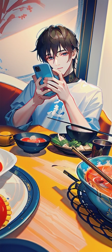 masterpiece,best quality,High Detail,A Chinese boy takes a photo of a bowl of soup, eat, He was about 18 years old, cai xukun, eat noodles, exclusive, He was about 18 years old, He was about 18 years old,