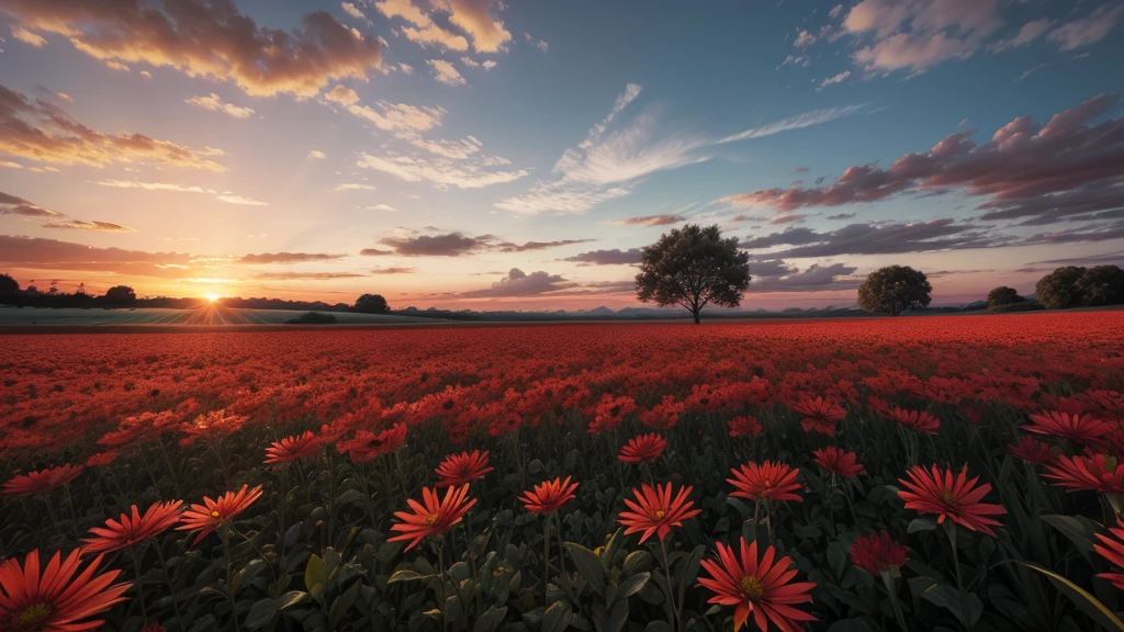 Field Grid ,with red flowers/ utra realistic /durate o por do sol