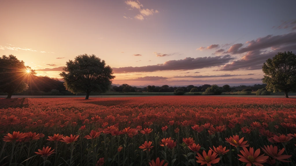 Field Grid ,with red flowers/ utra realistic /durate o por do sol
