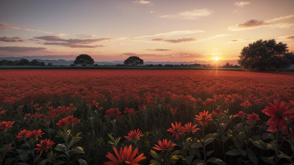 Field Grid ,with red flowers/ utra realistic /durate o por do sol
