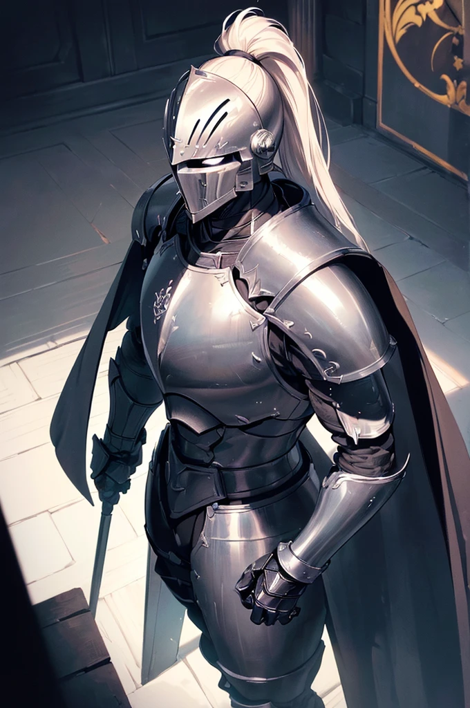 (masterpiece; best quality: 1.2), ((full armored knight man)), ((solo)), (black eyes: 1.4), (body; toned, lean, masculine: 1.3), (beautiful and clear background: 1.2), ((depth of field)), (equipment: full plate all-dark blacksteel realistic armor + closed helmet with ponytail + black cape: 1.3), (anime illustration: 1.2), (background composition; royal chambers + furniture: 1.1), (extremely fine and handsome: 1.1), (shot composition; standing + centered on torso + close-up: 1.5)