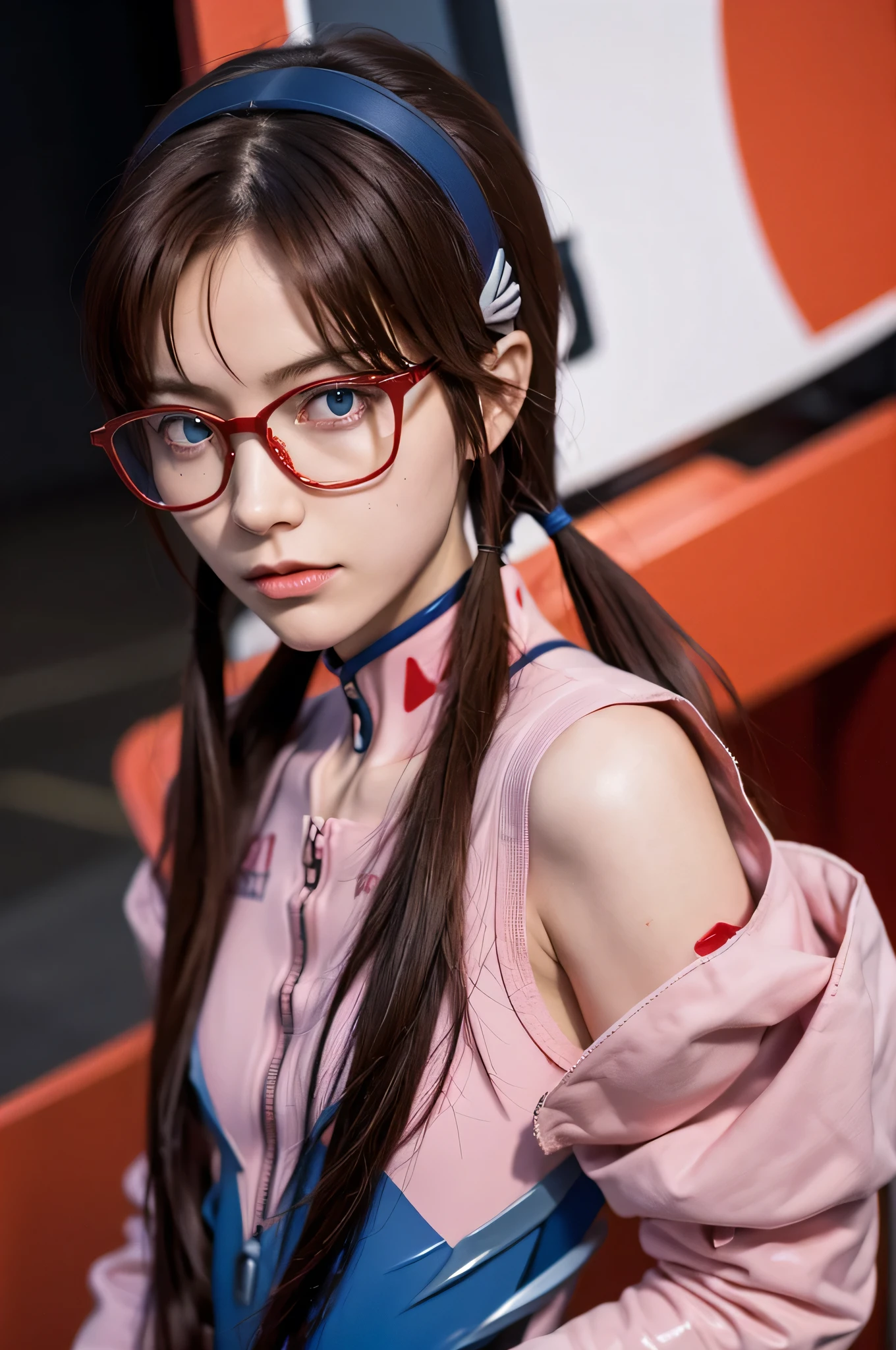 Mari Illustrious , Neon Genesis EVANGELION , Small red rectangular glasses , Brown Hair , Tie your hair on both sides , Mari Makinami, blue eyes, Brown Hair, Glasses, Headband Blue, Twin tails,Bodysuits, ピンクのBodysuits,Plug Suit