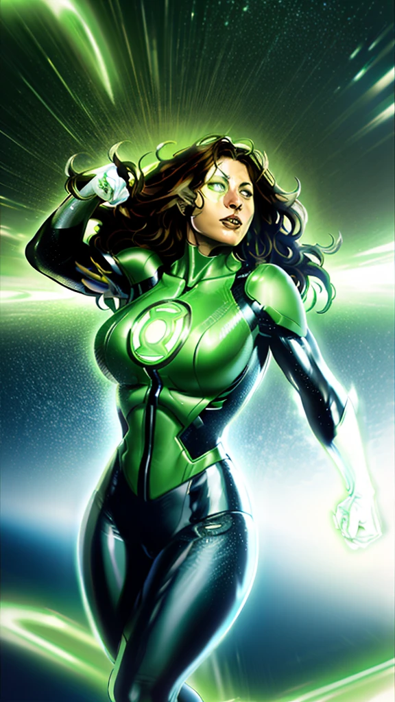 (Masterpiece, 8K, UHD, high resolution: 1.4), heroic portrait of Adria Arjona as the DC Comics character Green Lantern, (classic Green Lantern costume: 1.3), (power ring glowing on her hand: 1.3), (confident and powerful pose: 1.2), (long, wavy brown hair: 1.2), (piercing brown eyes: 1.2), (background with outer space and colorful nebulas: 1.2), (green energy constructs surrounding her: 1.3), (heroic and inspiring atmosphere: 1.3), realistic and intricate details, (elements of fantasy and action: 1.2), (dynamic and powerful perspective: 1.3)