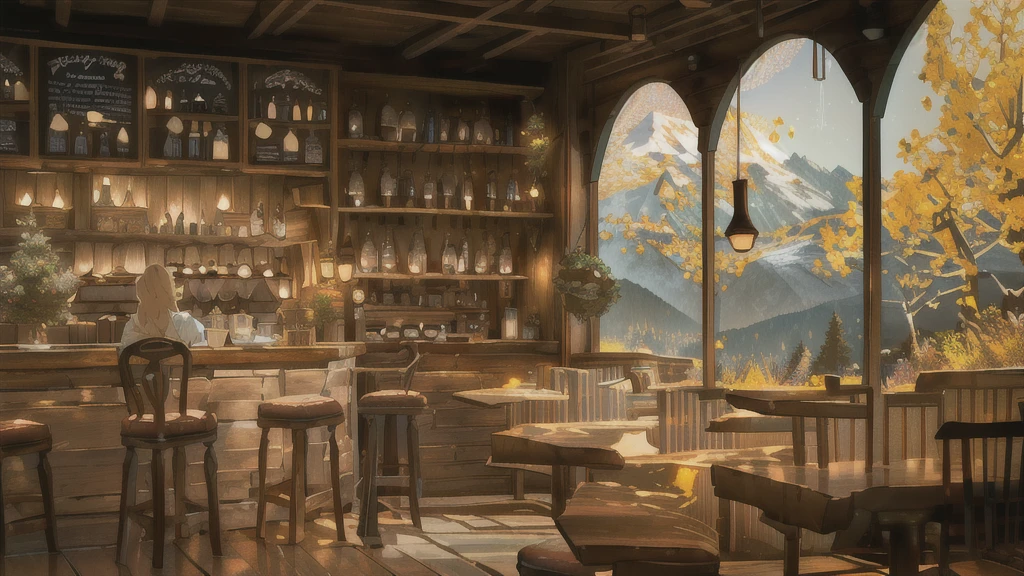 there is a bar with a lot of bottles of wine on it, cozy cafe background, a multidimensional cozy tavern, interior of a hobbit hole, coffee shop, cosy enchanted scene, fantasy bakery interior setting, cafe interior, cottagecore, interior of a mountain hut, highly detailed scene, 3d rendered matte painting, dimly-lit cozy tavern