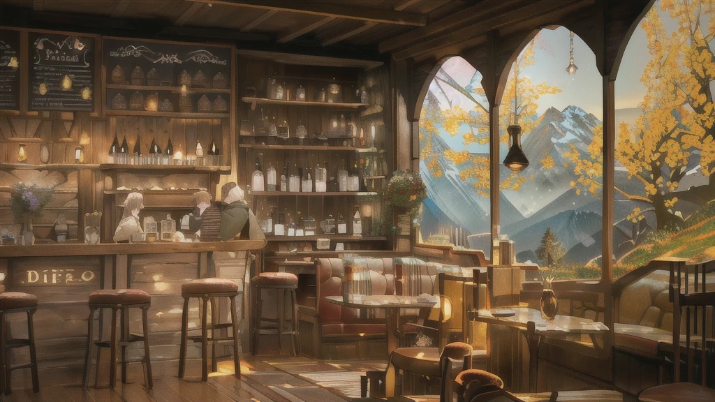 there is a bar with a lot of bottles of wine on it, cozy cafe background, a multidimensional cozy tavern, interior of a hobbit hole, coffee shop, cosy enchanted scene, fantasy bakery interior setting, cafe interior, cottagecore, interior of a mountain hut, highly detailed scene, 3d rendered matte painting, dimly-lit cozy tavern