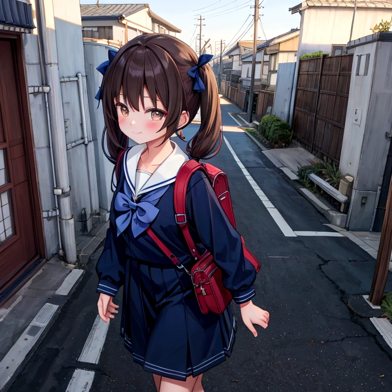 (best quality, ultra detailed, masterpiece:1.4), HD,
(1girl), standing, gentle smile, 15yo,
(low twintails:1.4), low pigtails, black hair, long hair,
(navy blue sailor suit with blue ribbon:1.2), long sleeves,
BREAK
(dark brown eyes), (school bag on right shoulder), from front, from little above, POV, alone,
BREAK
(sloped road, downhill, single street), Japan modern streets, prefectural road, residential area,
looking down the slope,
electric pole, electric cable, hill city,
cityscape, sea in the distance, nice view, afternoon, blue AND orange sky,
anime, high brightness,
