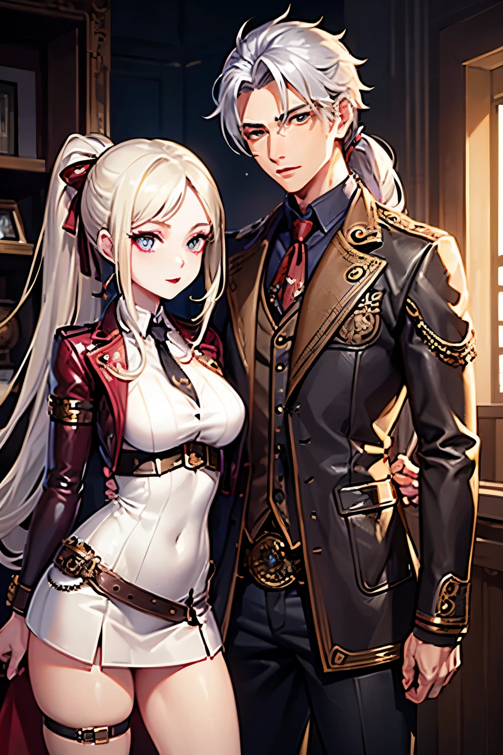 (masterpiece), best quality, expressive eyes, perfect face, girl, steampunk, she is blonde, ponytail, red lipstick, long hair, puple eyes, boy is silver hair, steampunk, (((boy ))), couple,