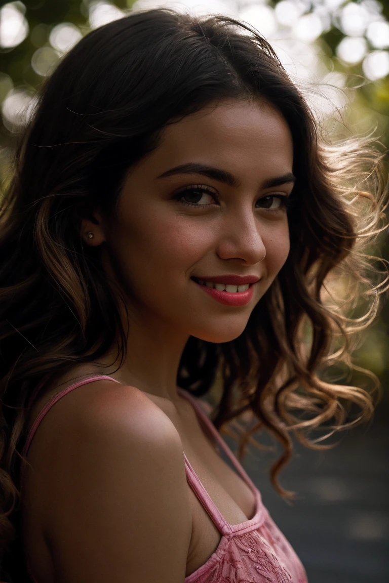 8K uhd, high quality , raw ultra realistic photo, professional photography , filmed with a Canon EOS 5D , A white-skinned woman, con parts, who has wavy brown hair, light brown eye color, with a snub nose, thick, pink lips. and that the background of the image is commune 13 of Medellin, Colombia, as if I were traveling, and that the shot is full body and she is in a casual pose, but make the photo more focused on the landscape behind it,is smiling for the camera, skin pores, Goosebumps, extremely detailed skin, ( parts:0.3), filmed on Hasselblad 500, sharp focus, thanks sharp,( extreme shadows:1.7), Hard light, intricate, provocative, (peach fuzz:0.6), side view, Mysterious, DOF, drop shadow, natural skin texture, calming tones, High contrast, hyper detailed photography,