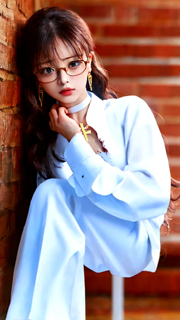(masterpiece),(Highest quality),(Ultra-high resolution),(8K resolution),(Realistic),(Super detailed),(Sharp focus),(RAW Photos),
One girl,Good move,(Long Hair),(Wavy Hair),(Hair on one eye),Glasses,(choker),(Cross Necklace),(Earrings),(Full body diagram),(nearly torn white shirt:1.6),(Ahegao),(blush:0.5), ((From head to toe:1.5))