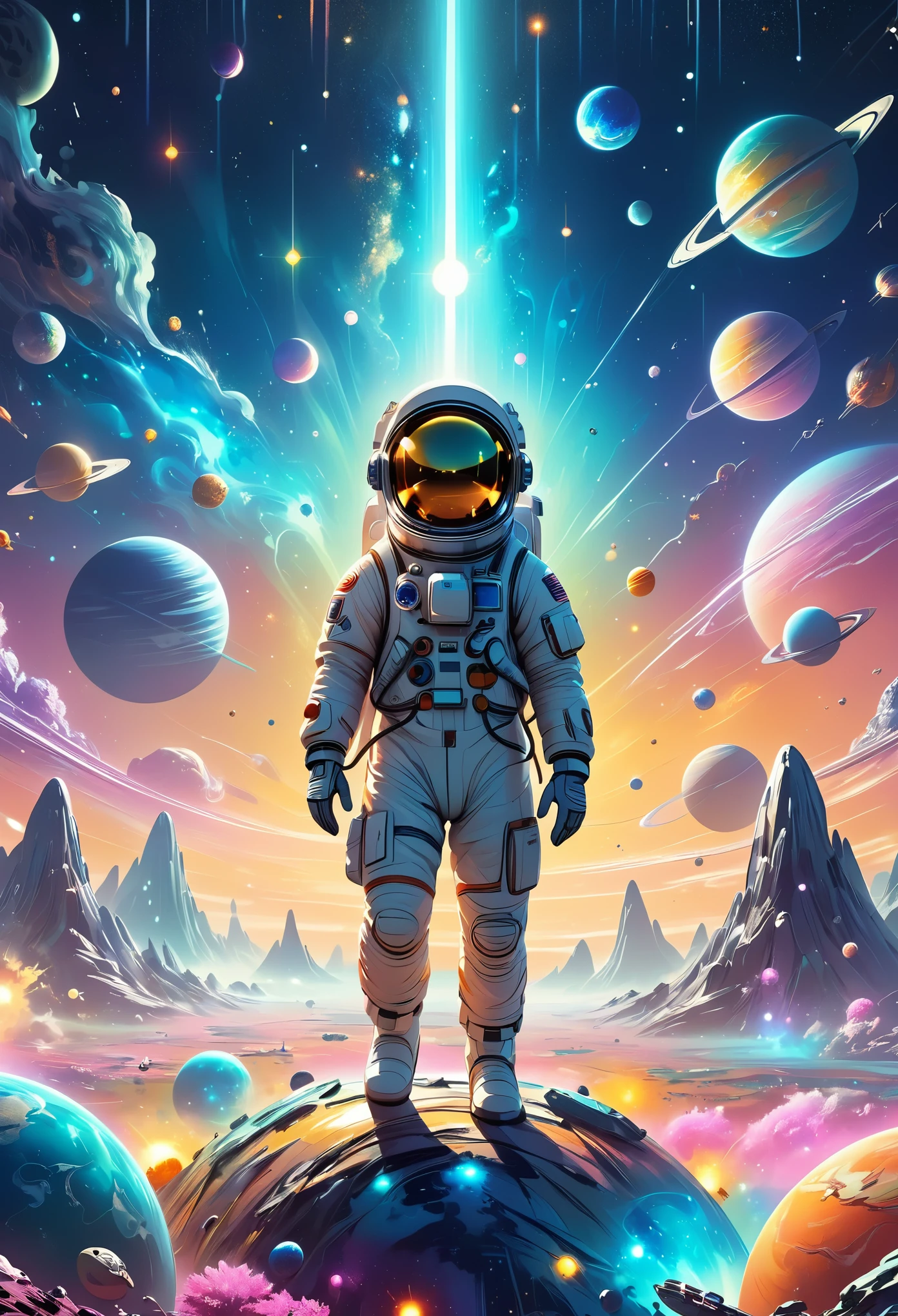 A 3d illustration of things such as a universe, astronaut, spaceship,planet, in the style of lively illustrations, childlike figures, hallyu, ad posters, use of bright colors, earthworks, soft color fields light-filled scenes