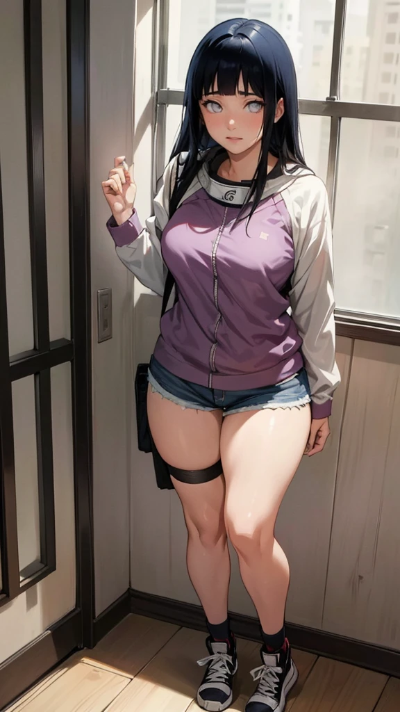 (hyuga Hinata, very sensual, with funk girl clothes, Brazilian, Rio de Janeiro, dancing funk, rolling, big-ass, legs thick, wearing short denim shorts, wearing a mini blouse, umbigo com pirsing, sneakers Nike, big hair, Speaker behind, very realistic, extremely sexy, 8K, 8K extremamente detalhado), (an extremely delicate and beautiful), (Masterpiece artwork), (best qualityer: 1.0), (ultra highres:1.0)