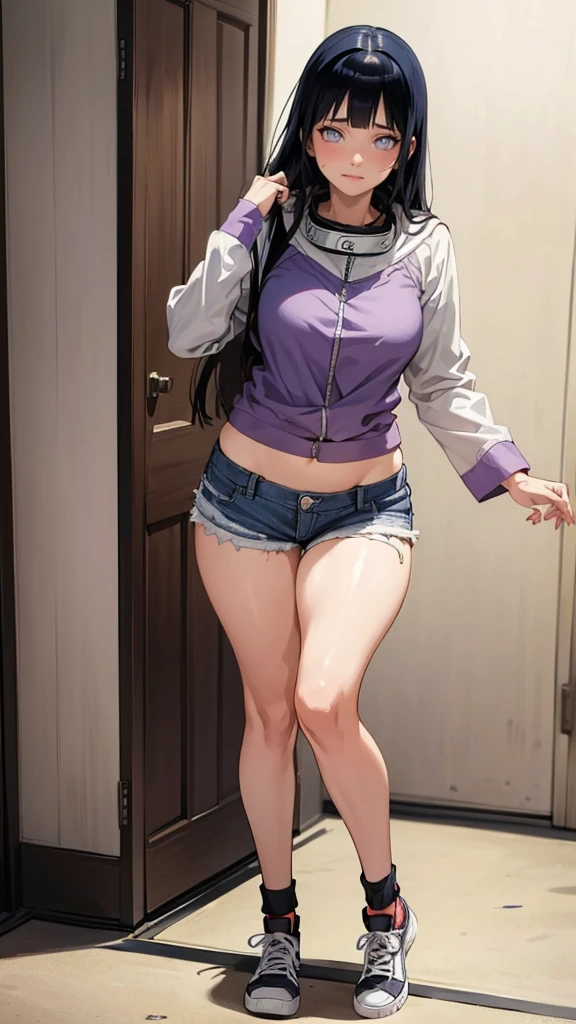 (hyuga Hinata, very sensual, with funk girl clothes, Brazilian, Rio de Janeiro, dancing funk, rolling, big-ass, legs thick, wearing short denim shorts, wearing a mini blouse, umbigo com pirsing, sneakers Nike, big hair, Speaker behind, very realistic, extremely sexy, 8K, 8K extremamente detalhado), (an extremely delicate and beautiful), (Masterpiece artwork), (best qualityer: 1.0), (ultra highres:1.0)