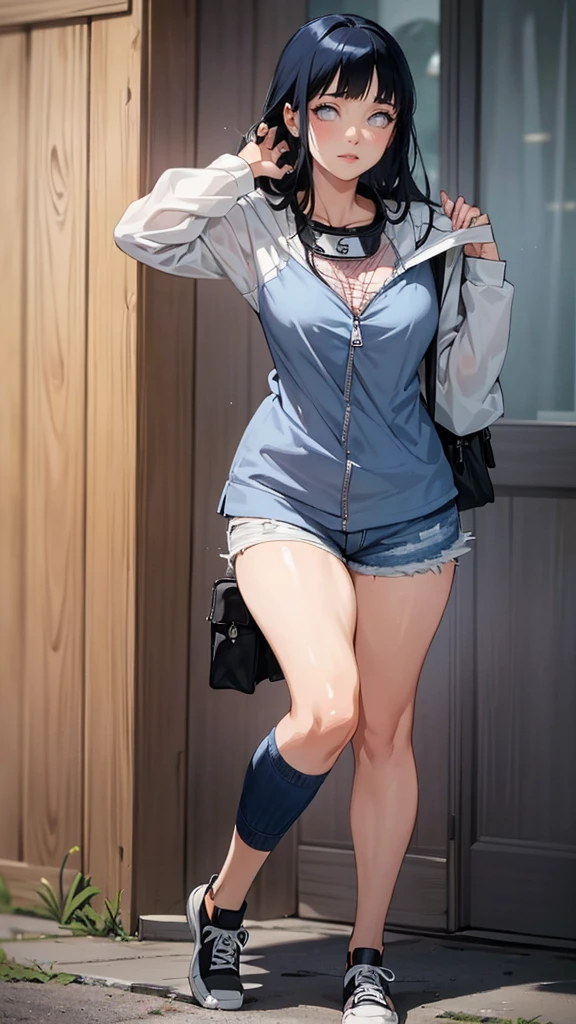 (hyuga Hinata, very sensual, with funk girl clothes, Brazilian, Rio de Janeiro, dancing funk, rolling, big-ass, legs thick, wearing short denim shorts, wearing a mini blouse, umbigo com pirsing, sneakers Nike, big hair, Speaker behind, very realistic, extremely sexy, 8K, 8K extremamente detalhado), (an extremely delicate and beautiful), (Masterpiece artwork), (best qualityer: 1.0), (ultra highres:1.0)