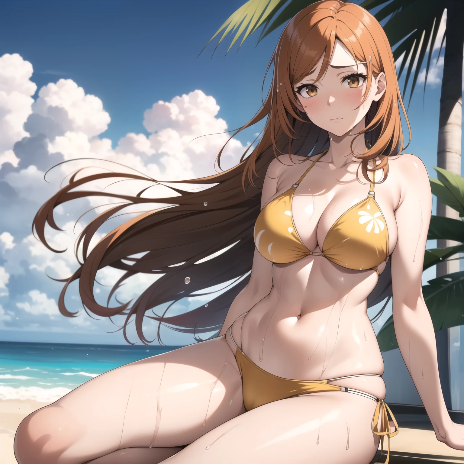 Inoue Orihime, Woman 20 years old, orange hair, hazel brown eyes, embarrassed, ashamed, embarrassed expression, medium breasts, clear skin,  yellow bikini, background a tropical beach. big breasts. WET BODY.