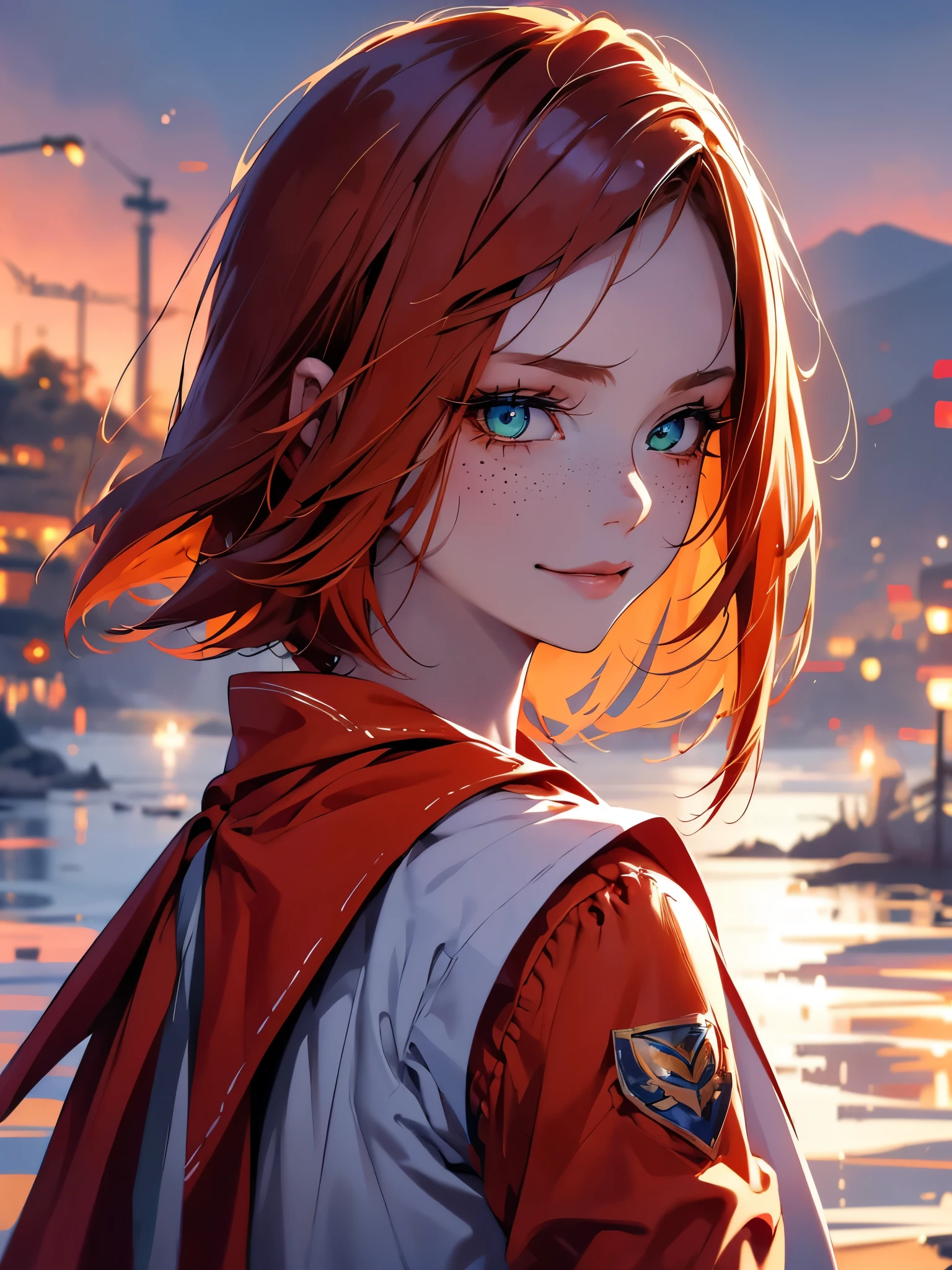 1 girl, french, shorth hair, hair orange, greeneyes, freckles, ssmile, Red Jumpsuit, shirt blue, roll up sleeve, moutain, moonligh, (natta:1.5), gazing at viewer 