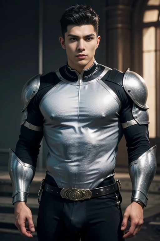  Quarter body shots photorealistic handsome hunky masculine dark skinned Aqualad unreal engine, extremely attractive male wearing white and silver bodysuit, extremely masculine physique, intricately detailed metal body armour, super bulge, realistic skin, short tousled hair, fantasy background