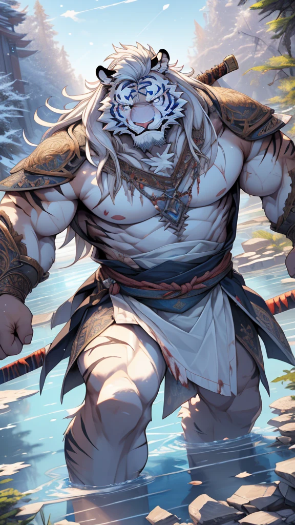 (masterpiece),(highres),(intricate details:1.4),extremely detailed,(illustration:1.2),8k,photorealistic,exquisite,solo,aged,elder male tiger ,muscular,Japanese swordsman,manhood ,(white hair:1.3),long hair,long white beard,scar,badly damaged,hurt,broken body ,the icey frozen lake,bleeding ,suffering,naked body 