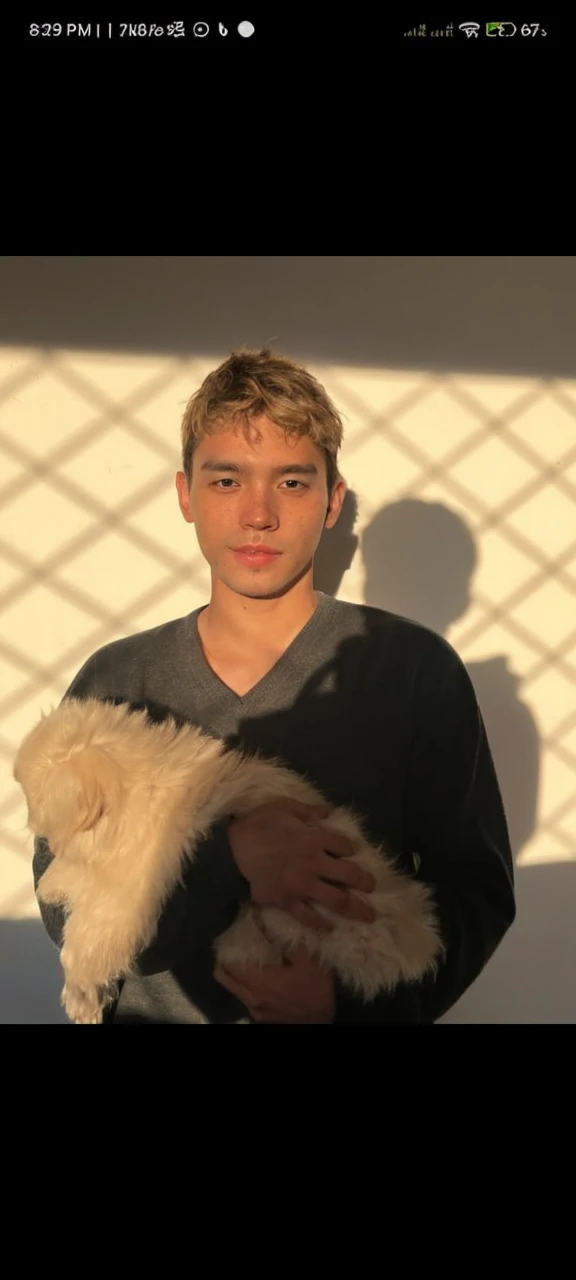 Korean cute boy with freckles and blond hair