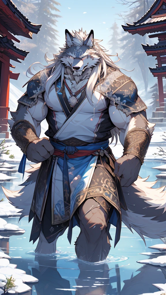 elder，gentle and soft，icey magic power，long white beard，long braided hair，solo, kemono, (old grey wolf), anthro (old wolf), anthro, male, anthro male (old wolf), anthro (old wolf), tail,muscles, handsome, general, loose cloth ,bulge, big abs, northern area,wind and snowstorm,perfect lighting, (light particles),(best quality),(masterpiece),(ultra detailed),sharp focus, light particles, strong, serious,rippled muscles, ultradetailed face, ultradetailed eyes, looking at viewer, good looking, bareness, ((detailed face)),a lot of scars,the elder，elder face