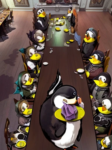 penguins are sitting at a long table with many chairs, at a dinner table, !!posing_as_last_supper, the council of spooky bitches, in meeting together, anthropomorphic penguin, chillin at the club together, everyone having fun, penguinz0, dnd last supper, lawther sit at table playing dnd