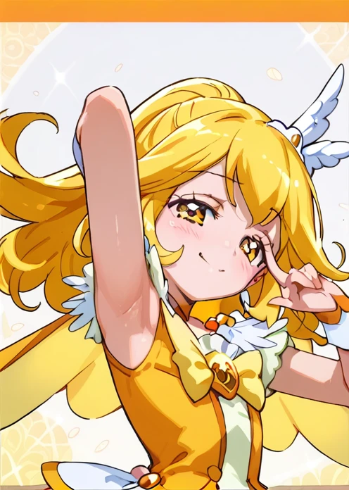 score 9, score 8 up, score 7 up, rating questionable,
detailed background, shiny skin,
curepeace, 
half-closed eyes, suggestive smile, armpit, blush,