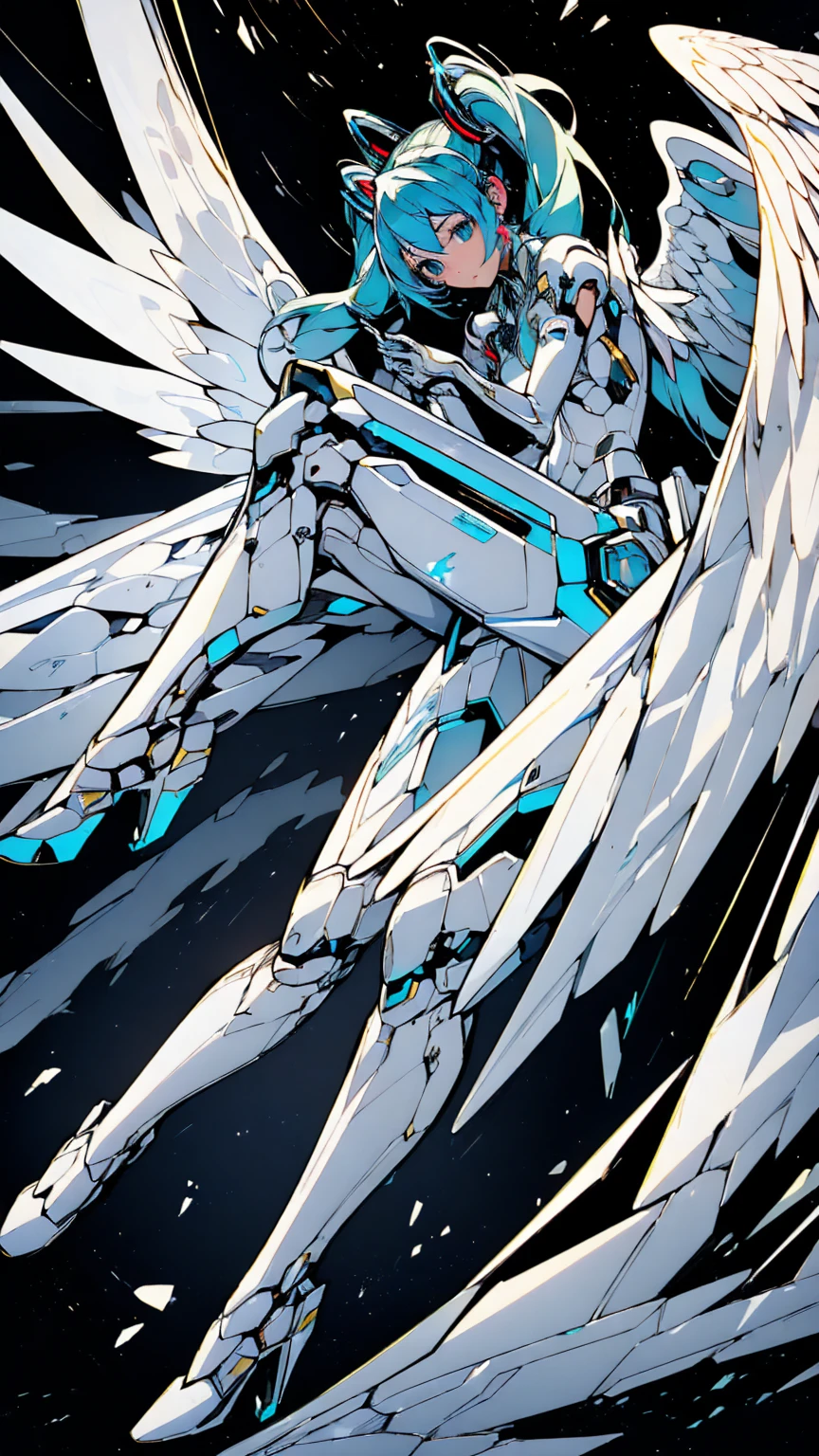 piece
((((masterpiece, expensive quality, very_expensive_solve, アニMechaラー, Exquisite design, Visual Arts, expensive quality)))), (((Hatsune Miku VOCALOID))), Twin tails, Turquoise Hair, Mecha, One girl, cyber punk, Realistic, Mechanical parts, ((((Angel Wings)))), Powered Suit, Robot Joints, Latex bodysuit, headgear, Full Armor, The limbs are mechanical, Pauldrons, expensive heels, Armor color((((white)))),4KHD Flying in the Sky, floating, The background is space, (expensive detail), (expensive quality), (Anime illustration)