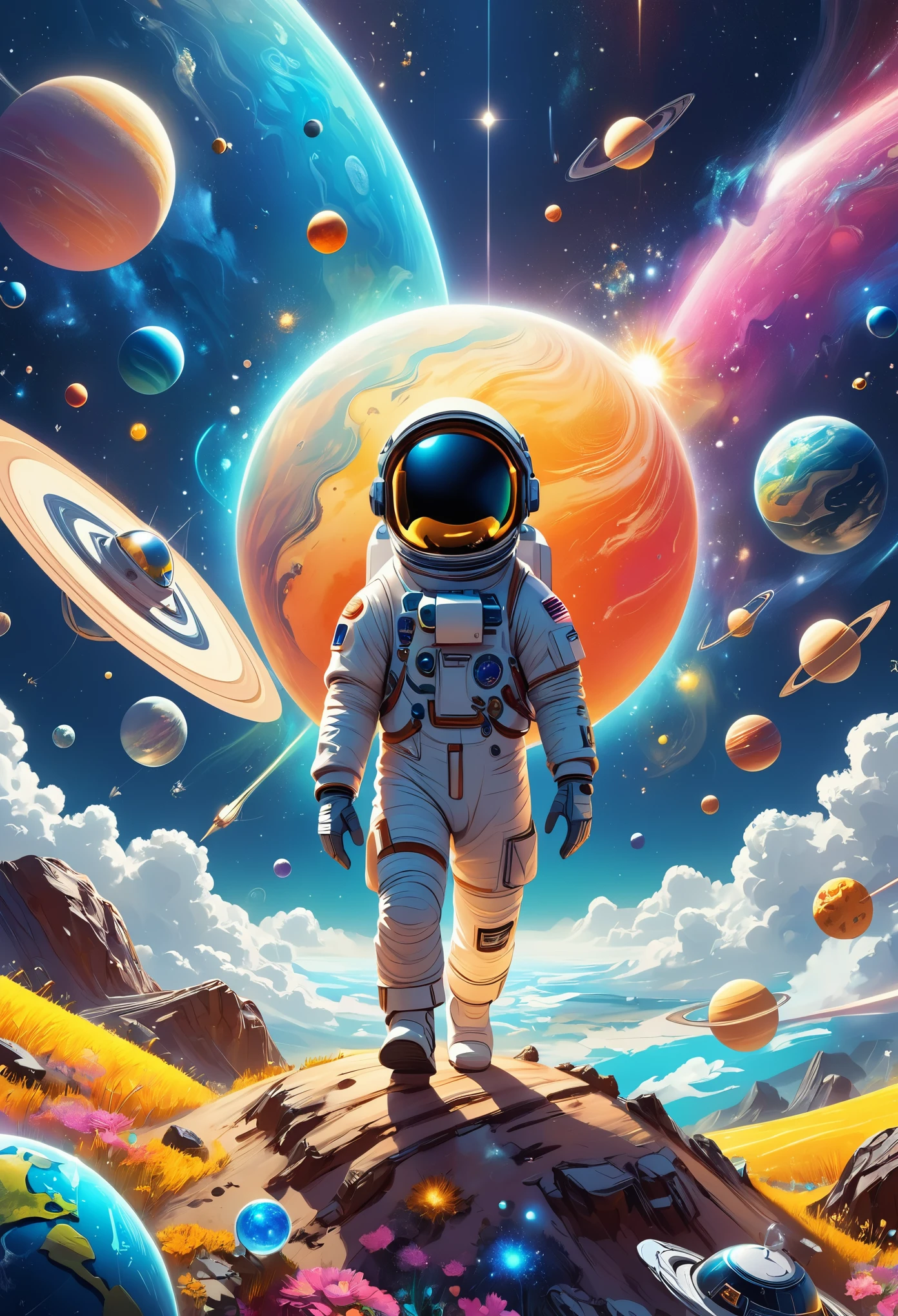 A 3d illustration of things such as a universe, astronaut, spaceship,planet, in the style of lively illustrations, childlike figures, hallyu, ad posters, use of bright colors, earthworks, soft color fields light-filled scenes