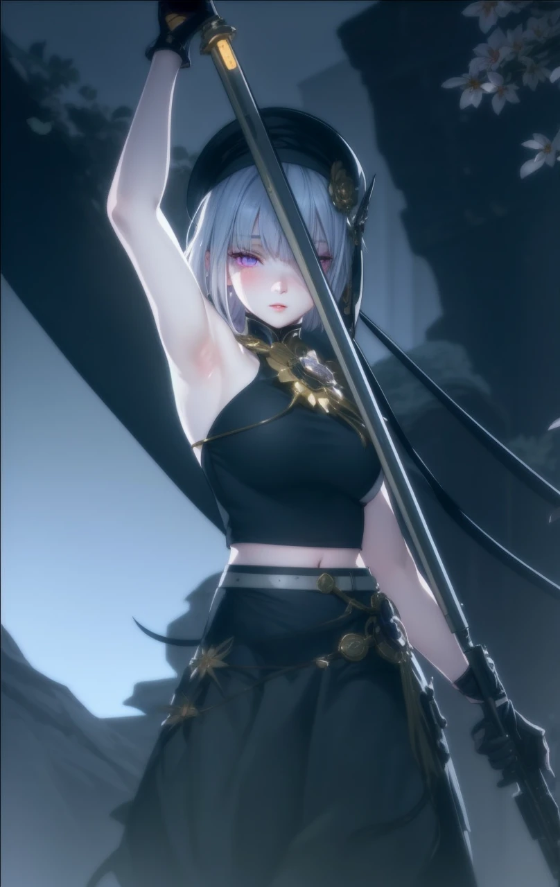 realistic, 1girl, white hair, purple eyes, glowing eyes, crop top, skirt, parted lips, blush, night, flowers, sun, sunlight,