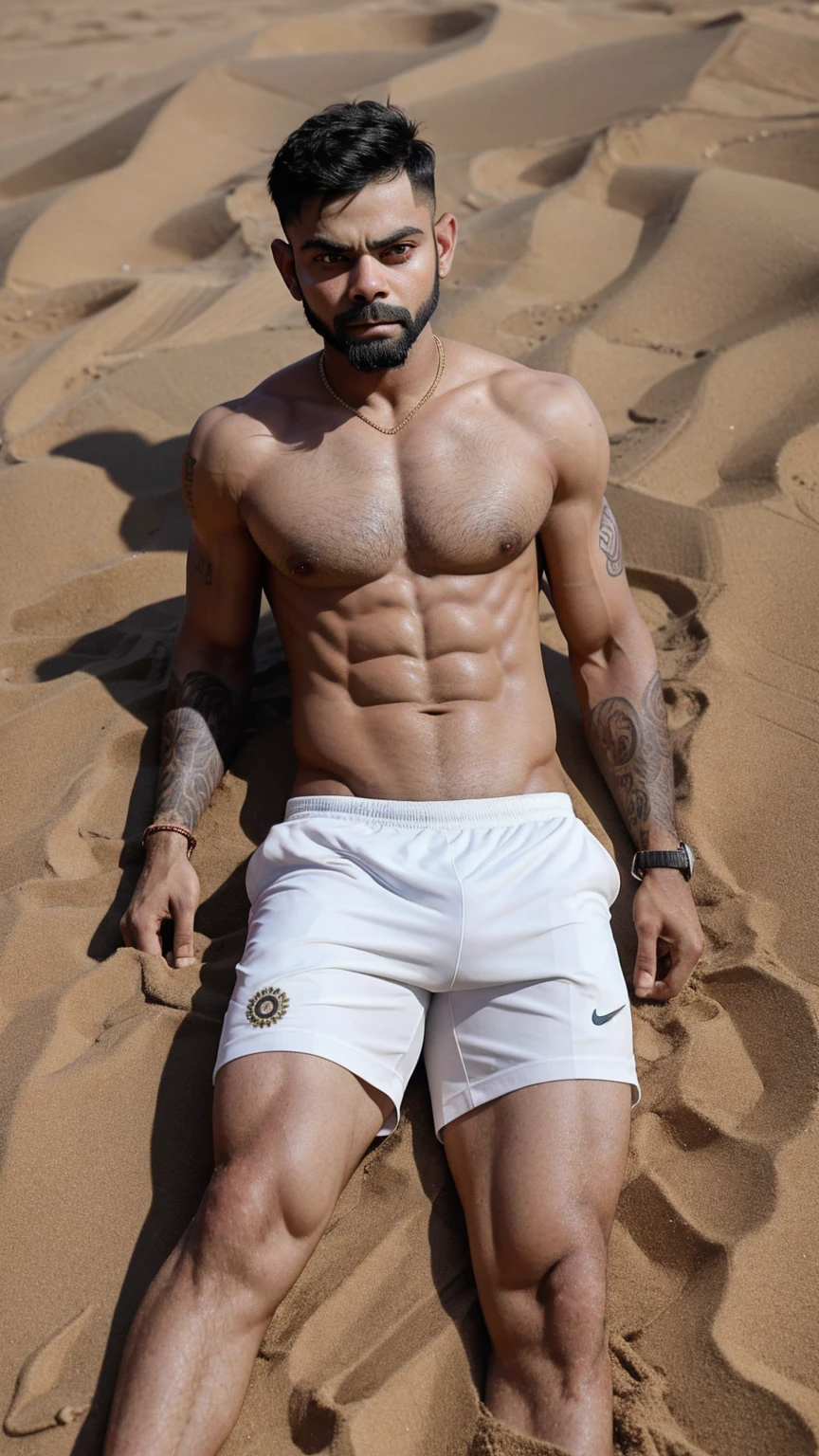 "Virat Kohli cricketer human body is on the sand, 8k super detail