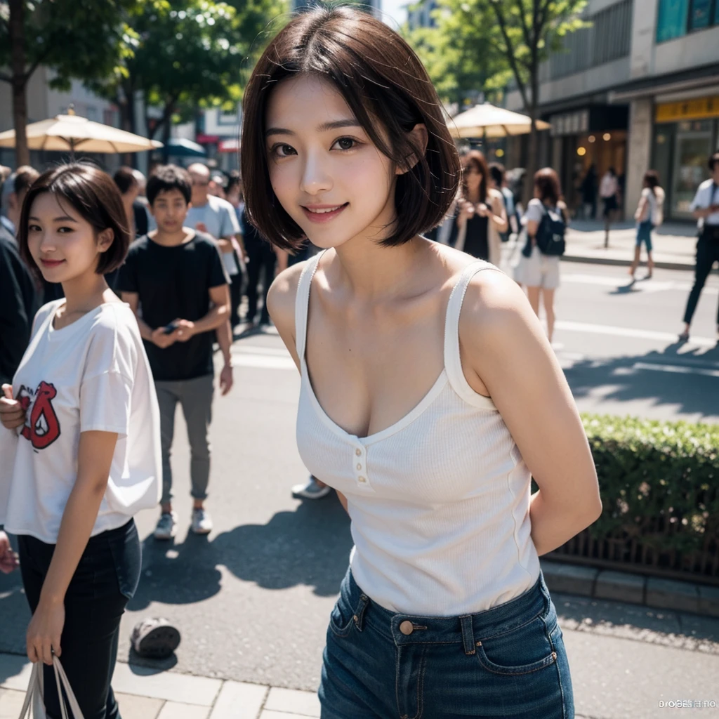 masutepiece, Best Quality, Illustration, Ultra-detailed, finely detail, hight resolution, 8K Wallpaper, Perfect dynamic composition, Beautiful detailed eyes, doress, mid-chest, Natural Color Lip, Random and sexy poses,Smile,Aoyama Street Walk、20 years girl、bobhair,Short hairstyle