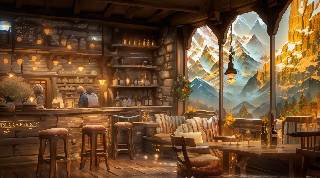 there is a bar with a lot of bottles of wine on it, cozy cafe background, a multidimensional cozy tavern, interior of a hobbit hole, coffee shop, cosy enchanted scene, fantasy bakery interior setting, cafe interior, cottagecore, interior of a mountain hut, highly detailed scene, 3d rendered matte painting, dimly-lit cozy tavern