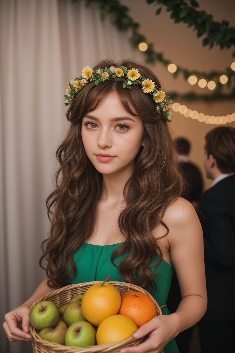 (Kizi:1.2),standing alone, (long brown and curly hair:1.1), greeneyes, Wearing a flower crown on your head, Sit at a German party,(fruit basket:1.1), german party wear,,cru,photographic,photo shadows,real,ridiculous,Aesthetics,chic,