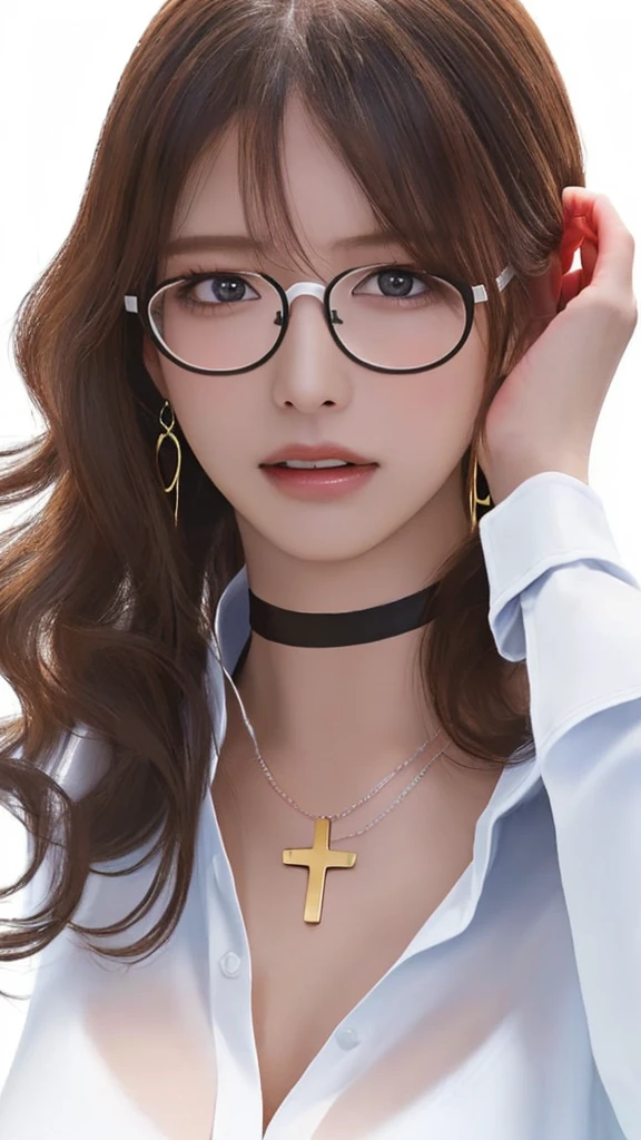 (masterpiece),(Highest quality),(Ultra-high resolution),(8K resolution),(Realistic),(Super detailed),(Sharp focus),(RAW Photos),
One girl,Good move,(Long Hair),(Wavy Hair),(Hair on one eye),Glasses,(choker),(Cross Necklace),(Earrings),(Full body diagram),(nearly torn white shirt:1.6),(Ahegao),(blush:0.5), ((From head to toe:1.5))