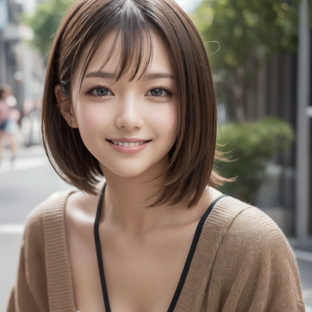 masutepiece, Best Quality, Illustration, Ultra-detailed, finely detail, hight resolution, 8K Wallpaper, Perfect dynamic composition, Beautiful detailed eyes, doress, mid-chest, Natural Color Lip, Random and sexy poses,Smile,Aoyama Street Walk、20 years girl、bobhair,Short hairstyle