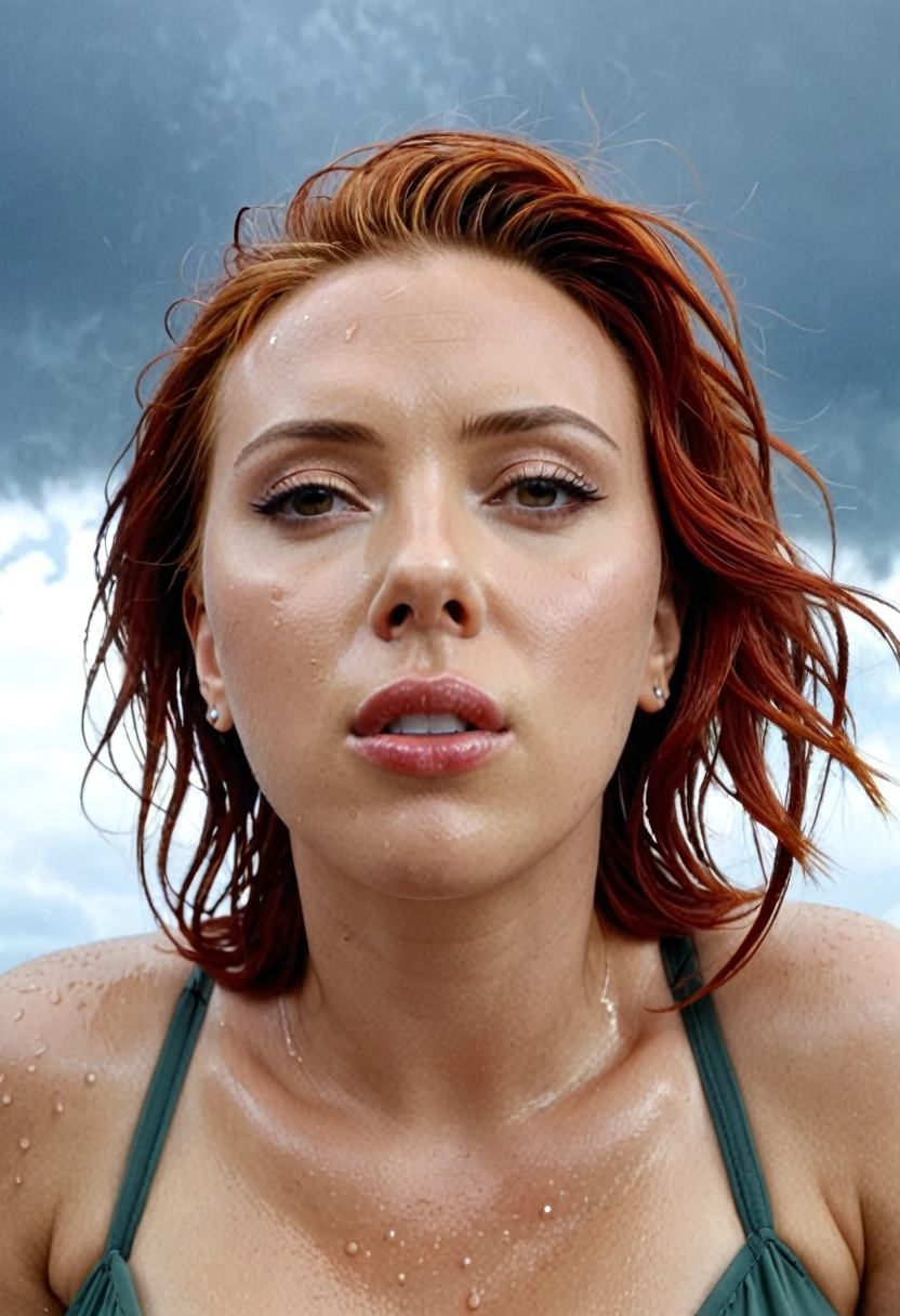 1 girl. Scarlett Johanson. Red hair. Sweating. Perspiration. Wet. Orgasm face Looking to the camera. Cloudy sky. Looking down. Low angle. Face close up. ((View from below))