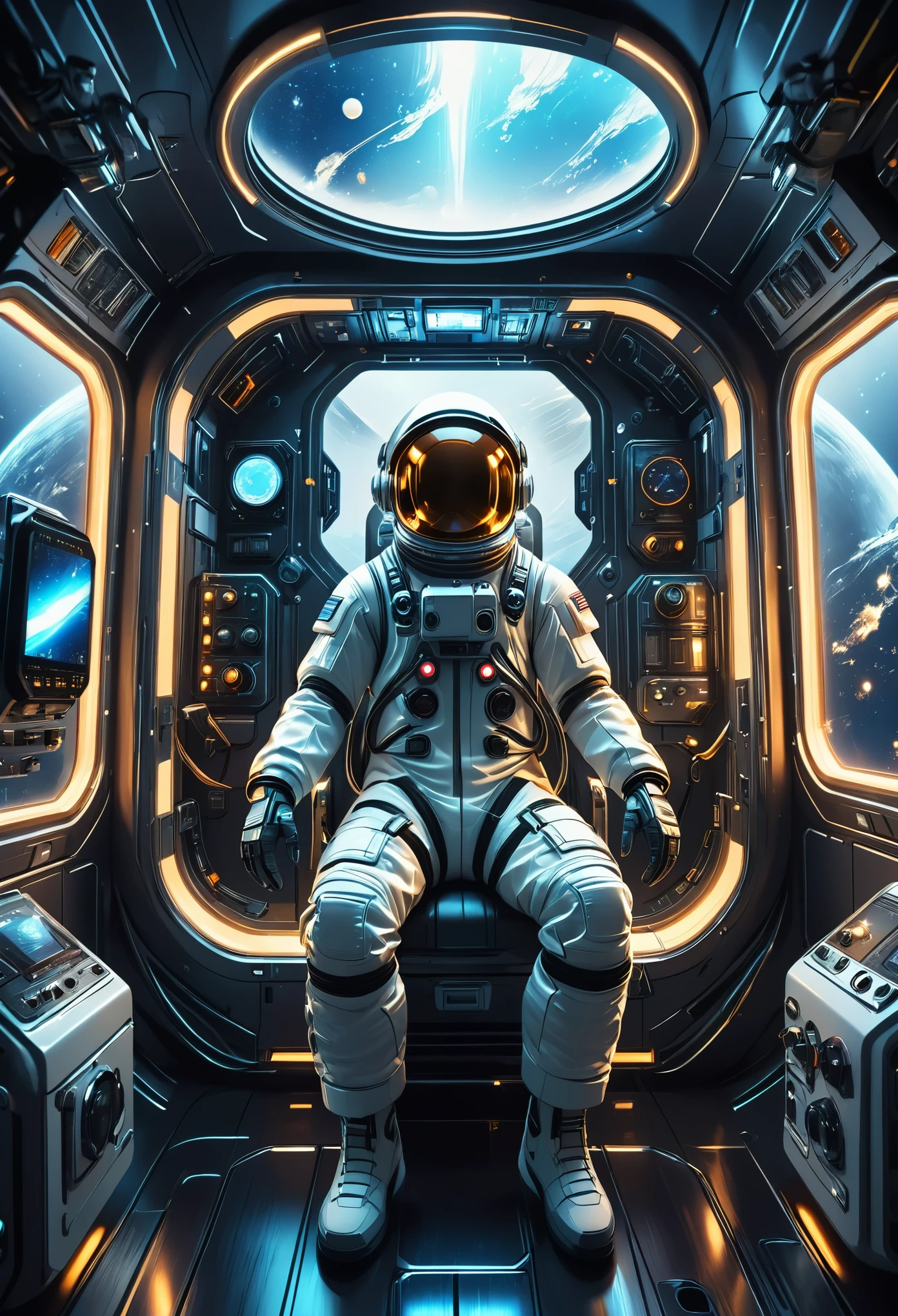 a futuristic astronaut in a space capsule, Control panel, high-tech interior, metal and glass materials, atmospheric lighting, dramatic cinematic composition, intricate details, photorealistic, concept art style，（float。Suspension。weightlessness。）