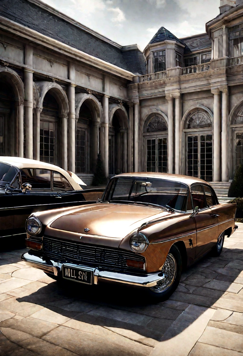 photorealistic, highly detailed, 1960s luxury garage, opulent mansion, 3 vintage audio cars, wealthy owner, chrome trim, leather upholstery, polished wood dashboard, classic car enthusiast, meticulously maintained, driveway, well-manicured lawn, ornate architecture, grand entrance, ornamental fountain, overcast sky, dramatic lighting, cinematic angle, ultra-realistic, award-winning 3d rendering, photorealistic textures, physically-based rendering, ultra-high resolution, intricate details