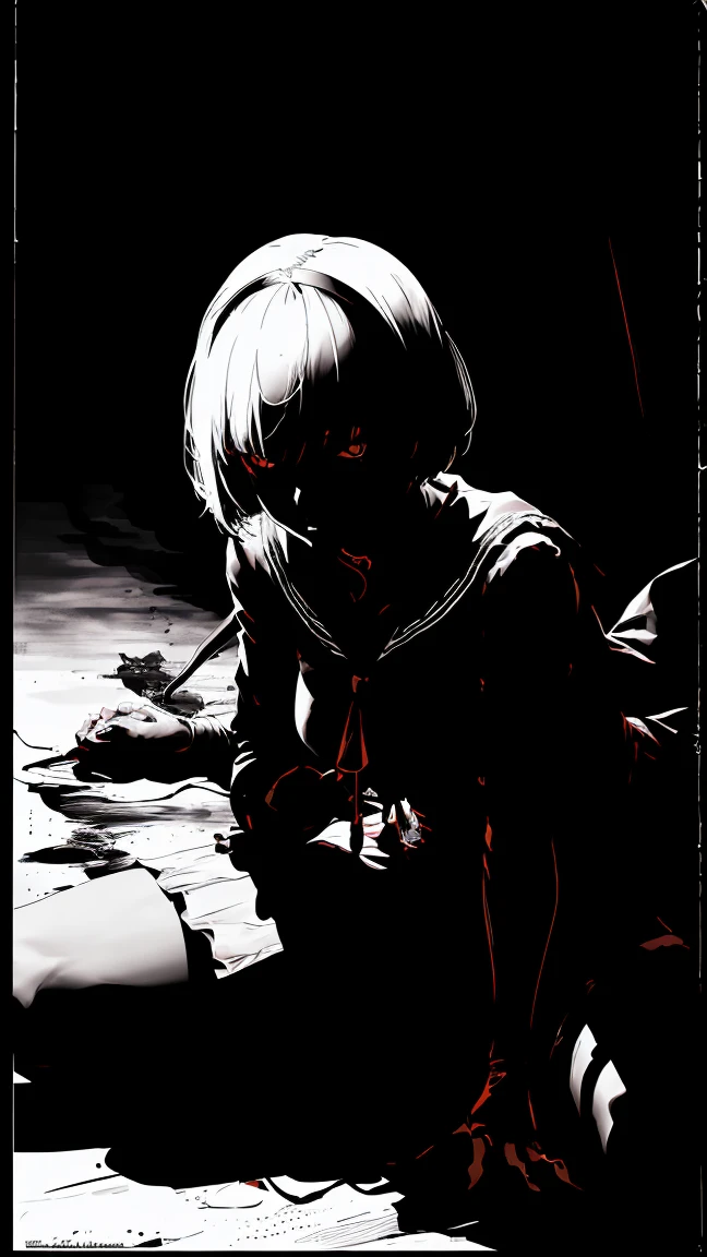、v5lcn style,Ink Art,(highest quality,Tabletop:1.2),(Black and white comic core:1.1),(extremely high contrast),Dark ink,One Girl,Shadow on face、8K,solve,high school girl,Sailor Suit,