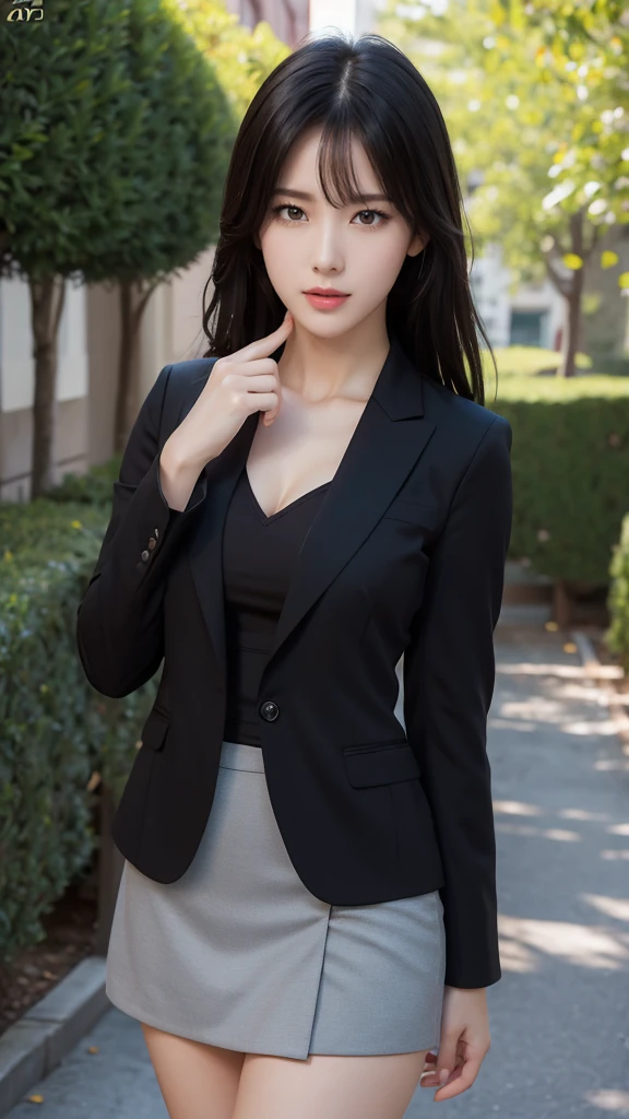 最high quality, masterpiece, One girl, Beautiful Face, (photo Realistic:1.3), Rim Light, (Skin with attention to detail:1.2), 8K Ultra HD, Digital SLR, high quality, High resolution, 4K, 8K, Bokeh, Absurd, The optimal ratio is four fingers to one thumb, (Realistic:1.3), cute One girl, wearing black formal blazer, Medium chest(G-Cup), Short skirt,