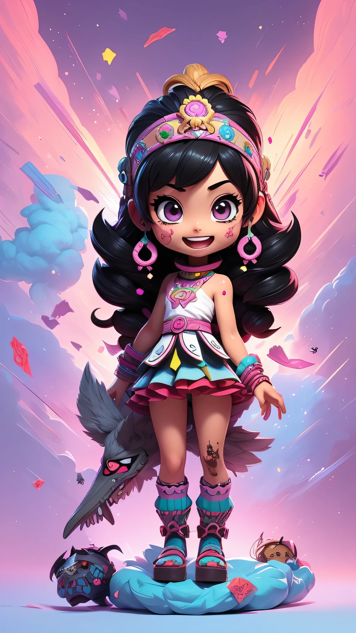 Black and white, zombie mayan warrior holding punk aztec mawscots. black hair brunette, dream pastel anime. pastel kawaii tech colors, moecore. chibicore. Cute and soft shoujo anime style. smiling, mouth open, full body, psicion t