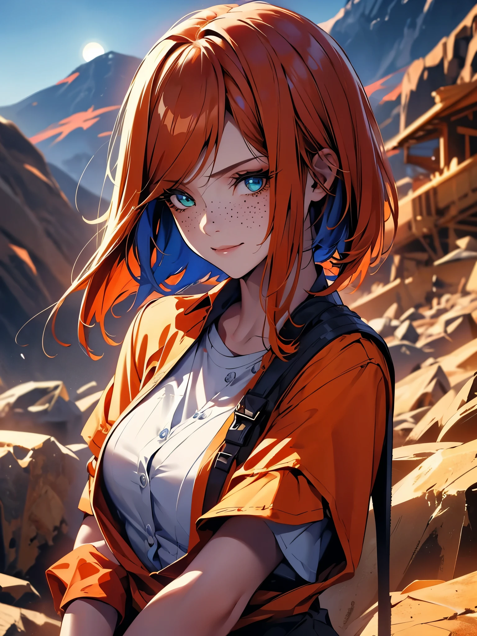 1 girl, french, shorth hair, hair orange, greeneyes, freckles, ssmile, Red Jumpsuit, shirt blue, roll up sleeve, moutain, moonligh, (natta:1.5), gazing at viewer 