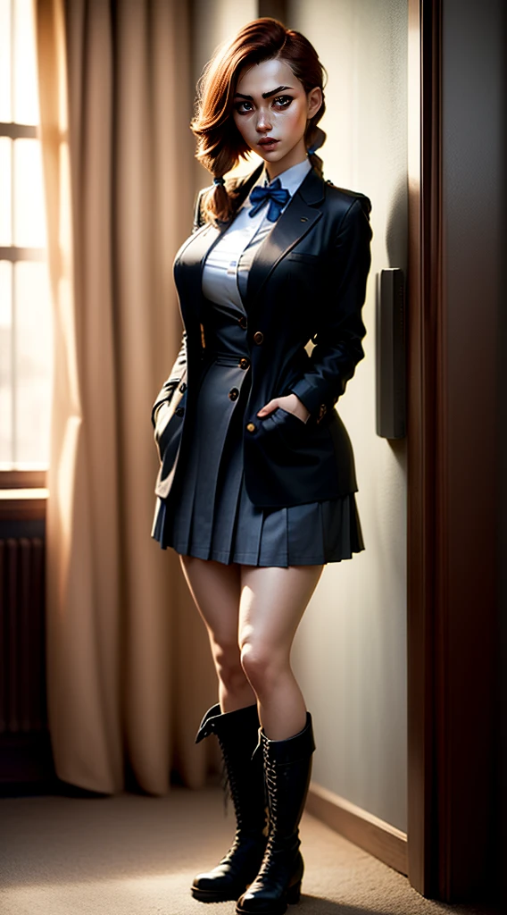 ((masterpiece)), Best quality, very detailed face, Ultra high resolution, (photorealistic:1.4), amazing, finely detail, huge file size, Correct exposure, 1 girl, slender body, Height 160 cm, (complex parts), One, Looking at the viewer, perfect lighting, realistic, lips, blush, shiny skin, bright skin,very detailed face, beautiful detailed eyes, (detailed skin:1.2), draw up, viewing depth, ((school uniform, coat,black stocking,leather boots,)),whole body, standing, red hair in two pigtails, grey eyes