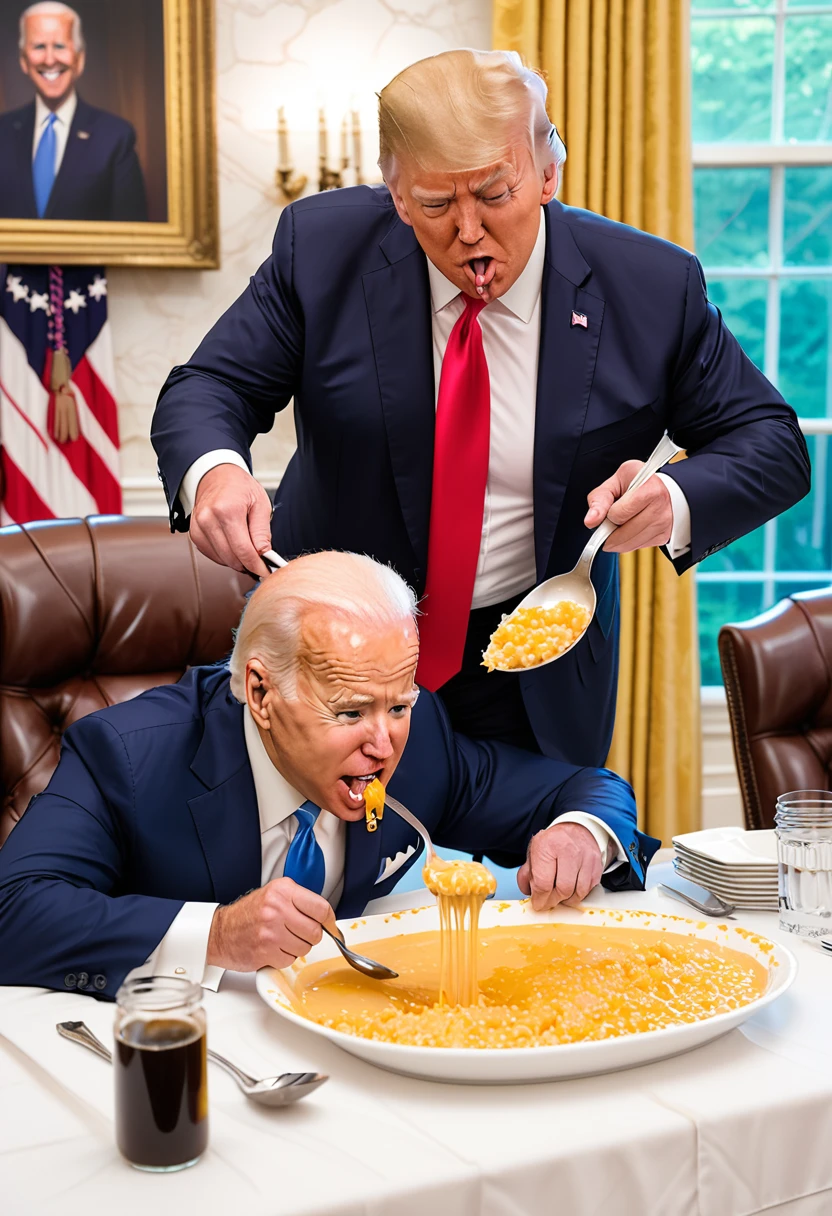 Donald Trump spoon feeding a drooling Joe Biden.