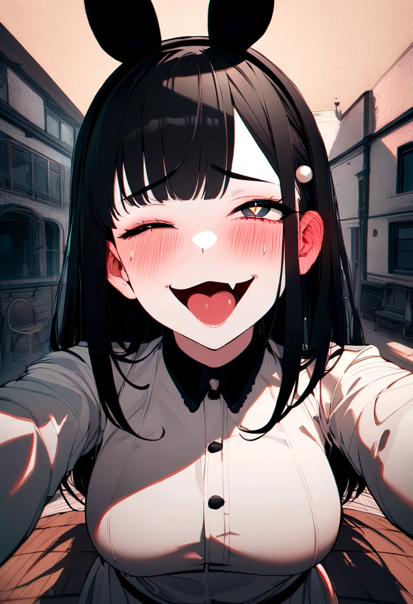 black hair, hair bobbles, wince, longeyelashes, solid circle eyes, fake animal ears, light smile, ear blush, fang, ccurate, longeyelashes, pupils sparkling, naughty face, naughty, ahegao, Surrealism, drop shadow, anaglyph, stereogram, tachi-e, pov, atmospheric perspective, projected inset, panorama, Sony FE GM, Ultra-Wide Angle, 8k, super detail, best quality