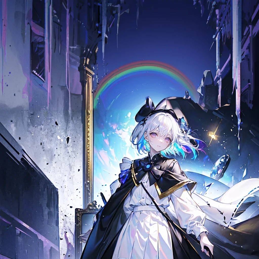 Wear white stockings,Black shoes,Colorful head,There is a rainbow in the sky,Various pigments,Floor-length robe,Gradually dissolving background