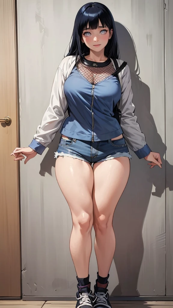 (hyuga Hinata, very sensual, with funk girl clothes, Brazilian, Rio de Janeiro, dancing funk, rolling, big-ass, legs thick, wearing short denim shorts, wearing a mini blouse, umbigo com pirsing, sneakers Nike, big hair, Speaker behind, very realistic, extremely sexy, 8K, 8K extremamente detalhado), (an extremely delicate and beautiful), (Masterpiece artwork), (best qualityer: 1.0), (ultra highres:1.0)