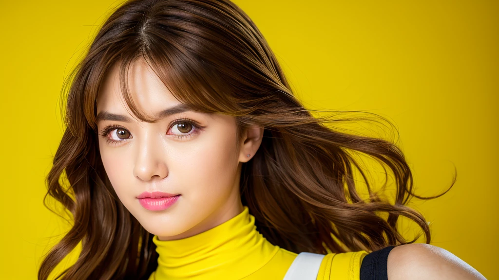 woman,(Detailed face),vivid,chest,cute,Sleeveless and(turtleneck)Yellow clothes,4K,Ultra-high resolution,（Photorealistic：1.7）,Yellow background,Long Hair,