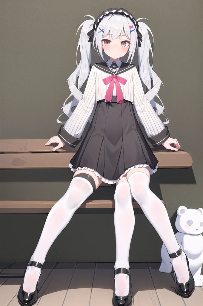 (masterpiece, best quality), 1girl, solo, bench vr-koxia, white thighhighs, hair band, black shoes