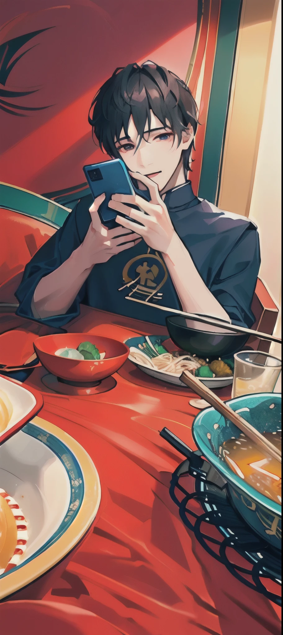 masterpiece,best quality,High Detail,A Chinese boy takes a photo of a bowl of soup, eat, He was about 18 years old, cai xukun, eat noodles, exclusive, He was about 18 years old, He was about 18 years old,